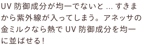 UV防御成分が均一でないと...すきまから紫外線が入ってしまう。アネッサの金ミルクなら熱でUV防御成分を均一に並ばせる！