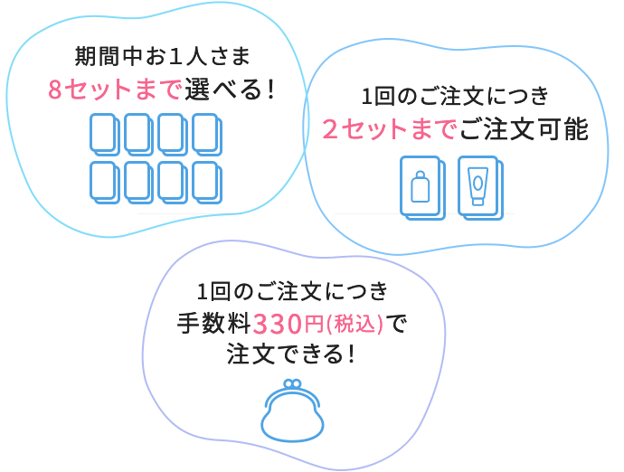 期間中お１人さま 8セットまで選べる！1回のご注文につき ２セットまでご注文可能 1回のご注文につき 手数料330円(税込)で 注文できる！