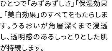 ひとつで「みずみずしさ」「保湿効果」「美白効果」のすべてをもたらします。うるおいが角層深くまで浸透し、透明感のあるしっとりとした肌が持続します。