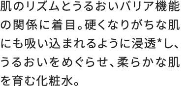 肌のリズムとうるおいバリア機能の関係に着目。硬くなりがちな肌にも吸い込まれるように浸透*し、うるおいをめぐらせ、柔らかな肌を育む化粧水。