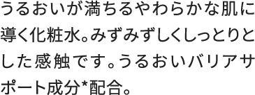 うるおいが満ちるやわらかな肌に導く化粧水。みずみずしくしっとりとした感触です。うるおいバリアサポート成分*配合。