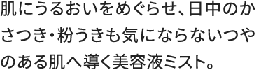 肌にうるおいをめぐらせ、日中のかさつき・粉うきも気にならないつやのある肌へ導く美容液ミスト。