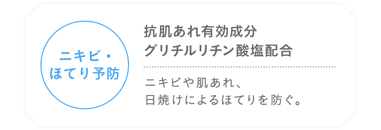 ニキビ・ほてり予防 抗肌あれ有効成分 グリチルリチン酸塩配合 ニキビや肌あれ、日焼けによるほてりを防ぐ。