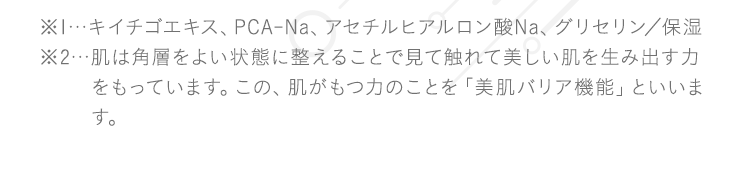 ※1…キイチゴエキス、PCA-Na、アセチルヒアルロン酸Na、グリセリン／保湿※2…肌は角層をよい状態に整えることで見て触れて美しい肌を生み出す力をもっています。この、肌がもつ力のことを「美肌バリア機能」といいます。