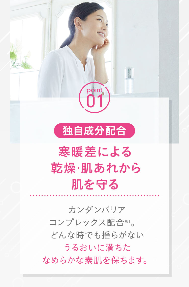 【point01：[独自成分配合]寒暖差による乾燥・肌あれから肌を守る】カンダンバリアコンプレックス配合 。どんな時でも揺らがないうるおいに満ちたなめらかな素肌を保ちます。