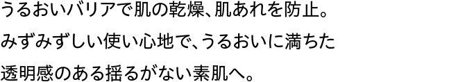 うるおいバリアで肌の乾燥、肌あれを防止。みずみずしい使い心地で、うるおいに満ちた透明感のある揺るがない素肌へ。