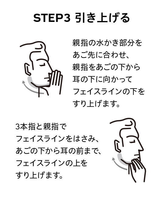 STEP3 引き上げる：親指の水かき部分をあご先に合わせ、親指をあごの下から耳の下に向かってフェイスラインの下をすり上げます。3本指と親指でフェイスラインをはさみ、あごの下から耳の前まで、フェイスラインの上をすり上げます。