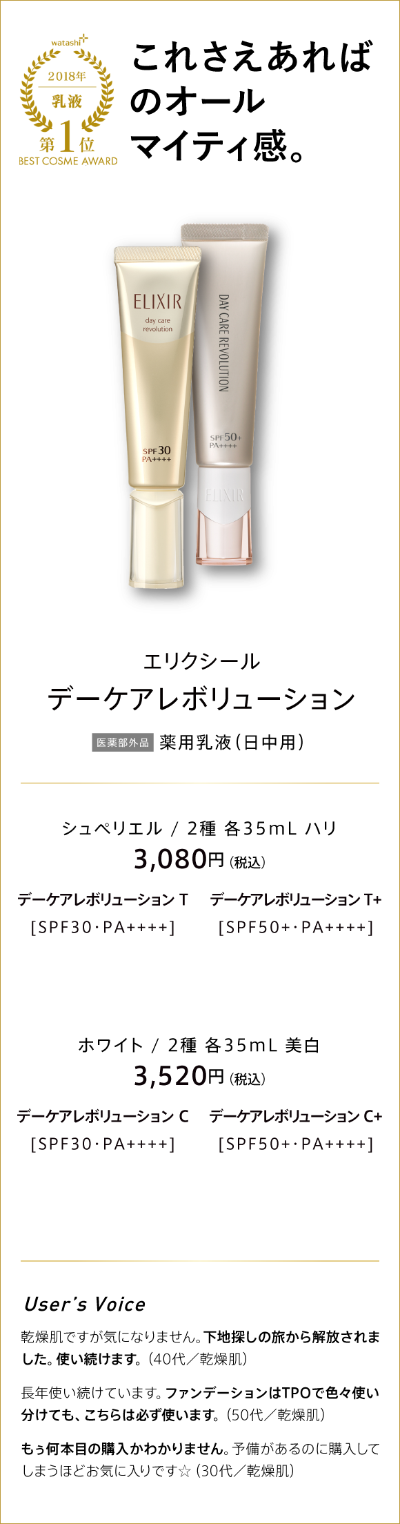 watashi+ 2018 乳液 第1位 BEST COSME AWARD これさえあればのオールマイティ感。 エリクシール デーケアレボリューション 医薬部外品 薬用乳液(日中用) シュペリエル/2種 各35ml ハリ 3,080円(税込) デーケアレボリューション T [SPF30・PA++++] デーケアレボリューション　T+ [SPF50+・PA++++] ホワイト/ 2種 各35ml 美白 3,520円(税込) デーケアレボリューション C [SPF30・PA++++] デーケアレボリューション C+ [SPF50+・PA++++]