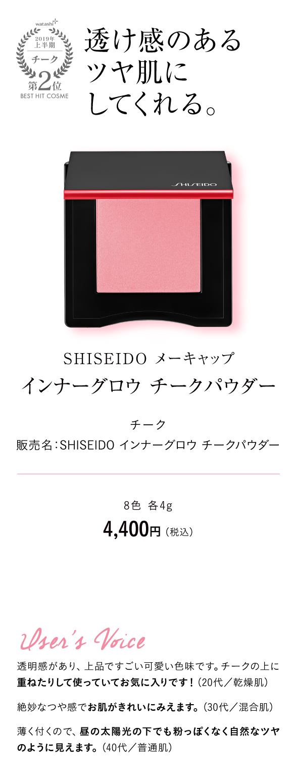 watashi+2019年上半期チーク第2位BEST HIT COSME 透け感のあるツヤ肌にしてくれる。 SHISEIDO メーキャップ インナーグロウ チークパウダー　チーク 販売名：SHISEIDO インナーグロウ チークパウダー 8色 各4g 4,400円 （税込）User's Voice 透明感があり、上品ですごい可愛い色味です。チークの上に重ねたりして使っていてお気に入りです！（20代／乾燥肌）絶妙なつや感でお肌がきれいにみえます。（30代／混合肌）薄く付くので、昼の太陽光の下でも粉っぽくなく自然なツヤのように見えます。（40代／普通肌）