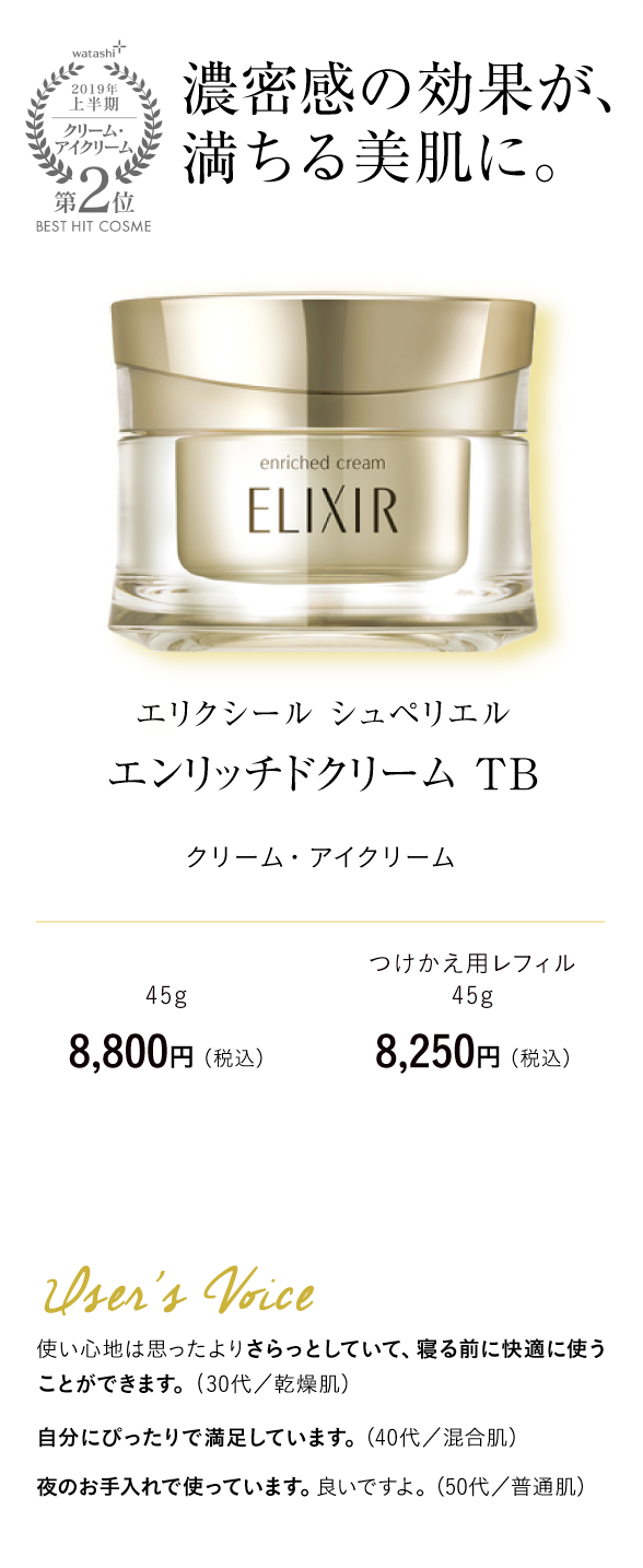 watashi+2019年上半期クリーム・アイクリーム第2位BEST HIT COSME 濃密感の効果が、満ちる美肌に。 エリクシール シュペリエル エンリッチドクリーム TB クリーム ・ アイクリーム 45g 8,800円 （税込）つけかえ用レフィル 45g　8,250円 （税込）User's Voice 使い心地は思ったよりさらっとしていて、寝る前に快適に使うことができます。(30代／乾燥肌）自分にぴったりで満足しています。（40代／混合肌）夜のお手入れで使っています。良いですよ。（50代／普通肌）