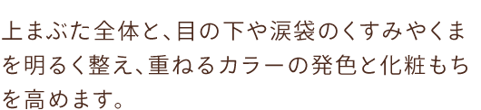 上まぶた全体と、目の下や涙袋のくすみやくまを明るく整え、重ねるカラーの発色と化粧もちを高めます。