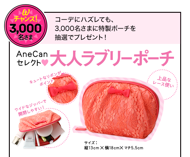 Wチャンス！3,000名さま コーデにハズレても、3,000名さまに特製ポーチを抽選でプレゼント！AneCanセレクト 大人ラブリーポーチ ワイドなジッパーで開閉しやすい！キュートなリボンがポイント 上品なレース使い サイズ(約)：縦13×横18×マチ5.5cm