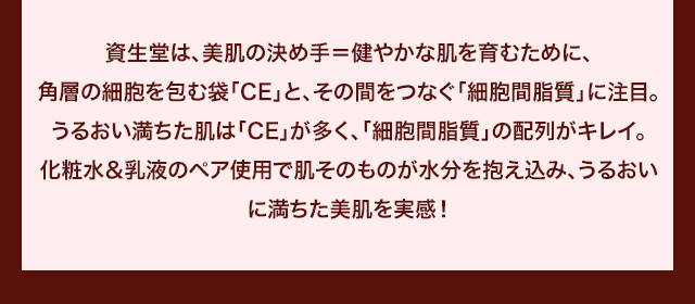 資生堂は、美肌の決め手＝健やかな肌を育むために、角層の細胞を包む袋「CE」と、その間をつなぐ「細胞間脂質」に注目。うるおい満ちた肌は「CE」が多く、「細胞間脂質」の配列がキレイ。化粧水&乳液のペア使用で肌そのものが水分を抱え込み、うるおいに満ちた美肌を実感！