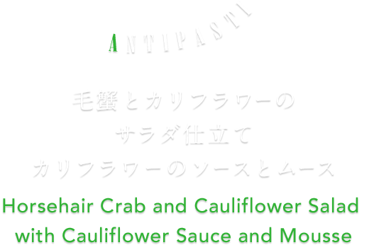 ANTIPASTI 毛蟹とカリフラワーのサラダ仕立て カリフラワーのソースとムース Horsehair Crab and Cauliflower Salad with Cauliflower Sauce and Mousse