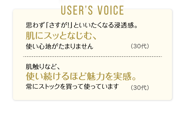 User’s Voice「思わず「さすが！」といいたくなる浸透感。肌にスッとなじむ、使い心地がたまりません」30代「肌触りなど、使い続けるほど魅力を実感。常にストックを買って使っています」30代