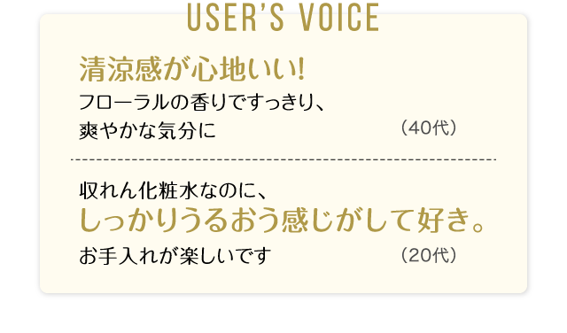 User’s Voice「清涼感が心地いい！フローラルの香りですっきり、爽やかな気分に」40代「収れん化粧水なのに、しっかりうるおう感じがして好き。お手入れが楽しいです」20代