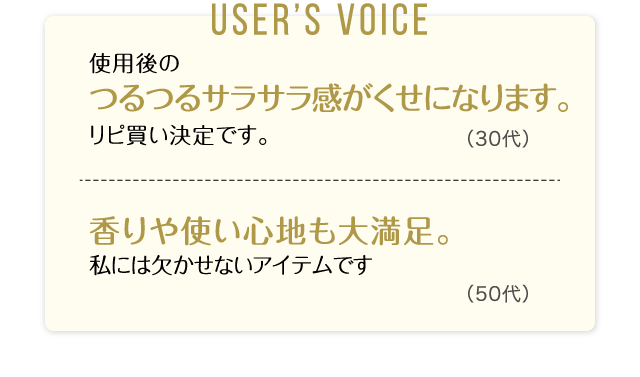 User’s Voice「使用後のつるつるサラサラ感がくせになります。リピ買い決定です。」30代「香りや使い心地も大満足。私には欠かせないアイテムです」50代
