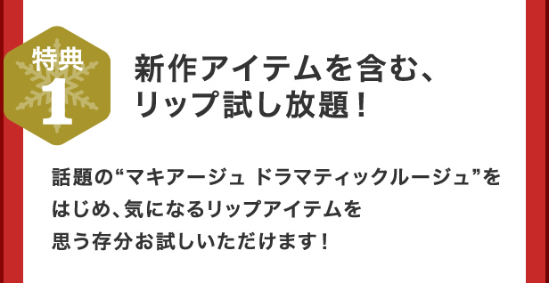 特典1 新作アイテムを含むリップ試し放題!