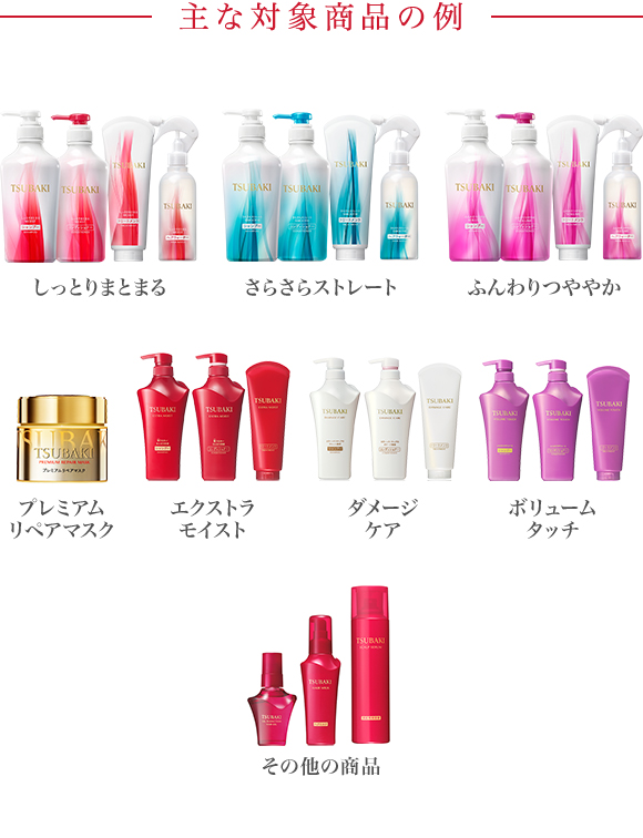 主な対象商品の例 
しっとりまとまる さらさらストレート ふんわりつややか プレミアムリペアマスク  エクストラモイスト ダメージケア ボリュームタッチ その他の商品