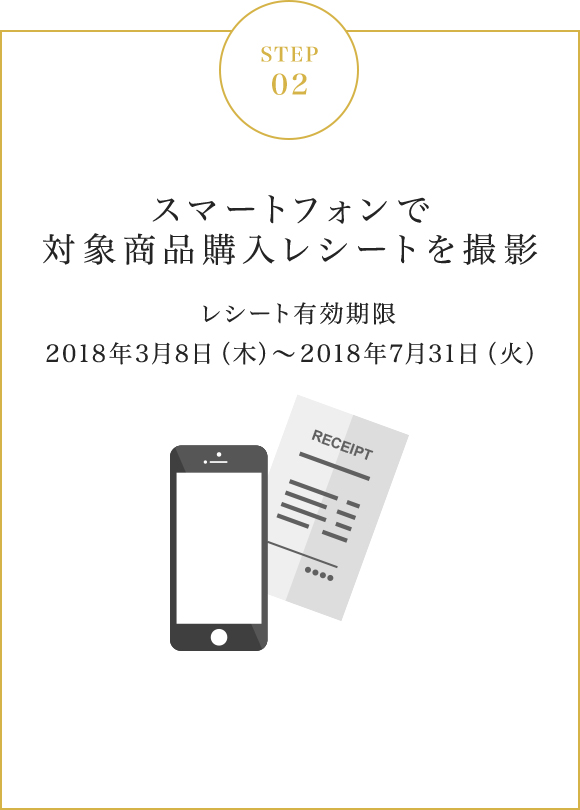 STEP02 スマートフォンで
対象商品購入レシートを撮影 レシート有効期限2018年3月8日（木）～2018年7月31日（火）
