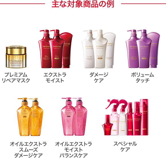 主な対象商品の例 プレミアム
リペアマスク エクストラモイスト ダメージケア ボリュームタッチ オイルエクストラ
スムーズダメージケア オイルエクストラモイストバランスケア スペシャルケア