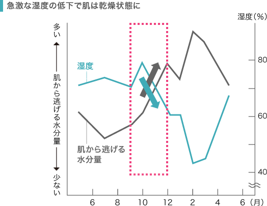 グラフ：急激な湿度の低下では肌は乾燥状態に