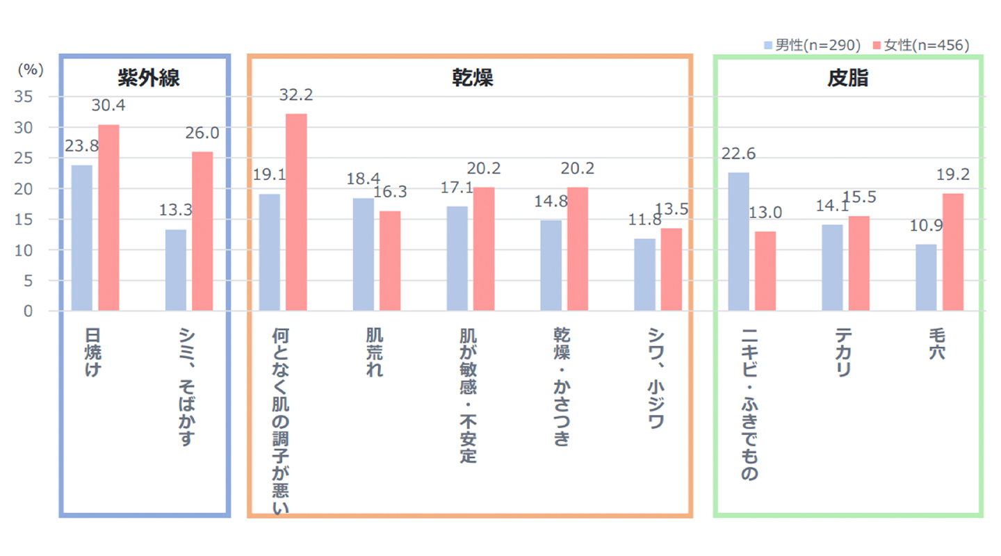 肌の夏バテの経験の内容のグラフ（男性：ｎ＝290人、女性：ｎ＝456人）。 【紫外線】日焼け 男性：23.8% 女性：30.4%。【シミ、そばかす】男性：13.3% 女性：26.0%。【乾燥・何となく肌の調子が悪い】男性：19.1% 女性：32.2%。【肌荒れ】男性：16.3% 女性：18.4%。【肌が敏感・不安定】男性：17.1% 女性：16.2% 乾燥・かさつき 男性：14.8% 女性：20.2% シワ、小ジワ 男性：11.8% 女性：13.5% 皮脂 ニキビ・ふきでもの 男性：22.6% 女性：13.0%。【テカリ】男性：14.0% 女性：15.5%。【毛穴】男性：10.9% 女性：19.2%。