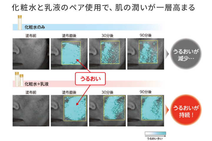化粧水と乳液のペア使用で、肌の潤いが一層高まることがわかる画像