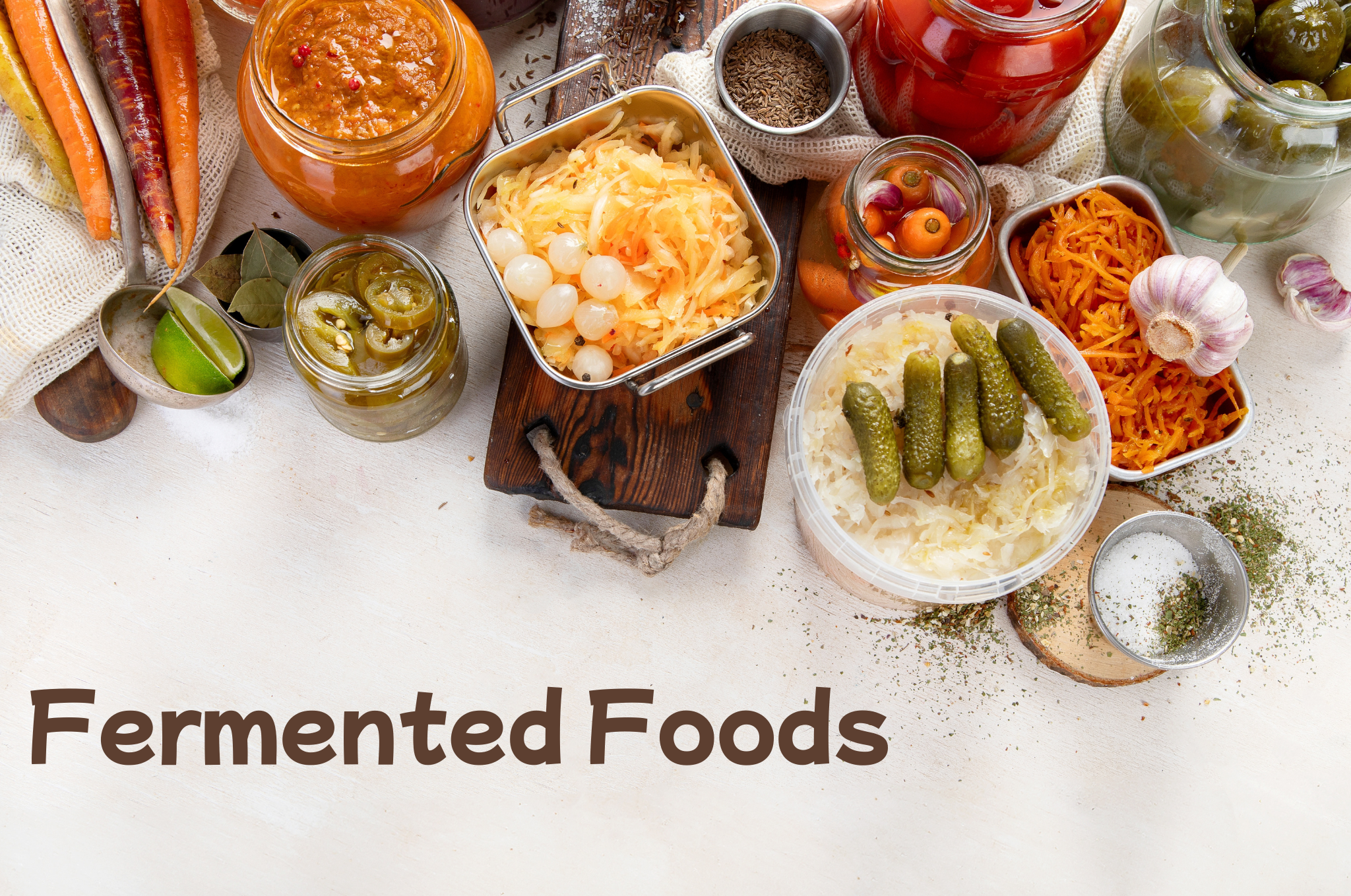 発酵食品のイメージ画像です。キムチや豆腐、ヨーグルトなどが並べられています。