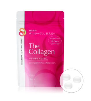 ザ・コラーゲンのタブレットの写真です。パッケージはピンク色で、タブレットは白色です。