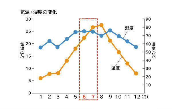 １年間の気温と湿度の変化のグラフ