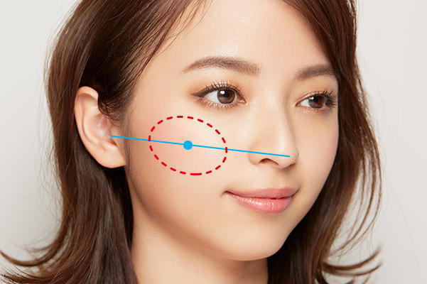 鼻の先と耳を結んだ線の真ん中部分を起点に、斜めの楕円形になじませます