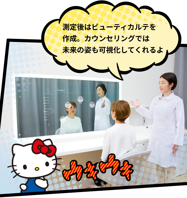 測定後はビューティカルテを作成。カウンセリングでは未来の姿も可視化してくれるよ