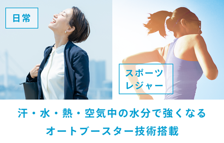 汗・水・熱・空気中の水分で強くなるオートブースター技術搭載