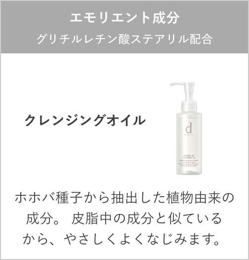 エモリエント成分 ホホバオイル/エモリエント配合 クレンジングオイル ホホバ種子から抽出した植物由来の成分。皮脂中の成分と似ているから、やさしくよくなじみます。