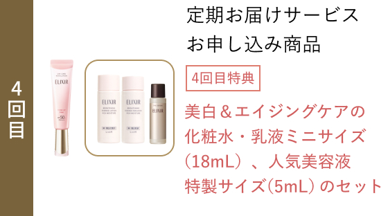 4回目 定期お届けサービスお申し込み商品 4回目特典 美白＆エイジングケアの化粧水・乳液ミニサイズ（18mL）、人気美容液 特製サイズ（5mL）のセット