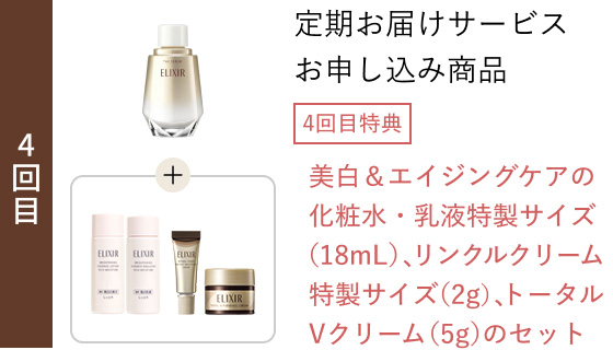4回目 定期お届けサービスお申し込み商品 4回目特典 美白&エイジングケアの化粧水・乳液特製サイズ(18mL)、リンクルクリーム特製サイズ(2g)、トータルVクリーム(5g)のセット