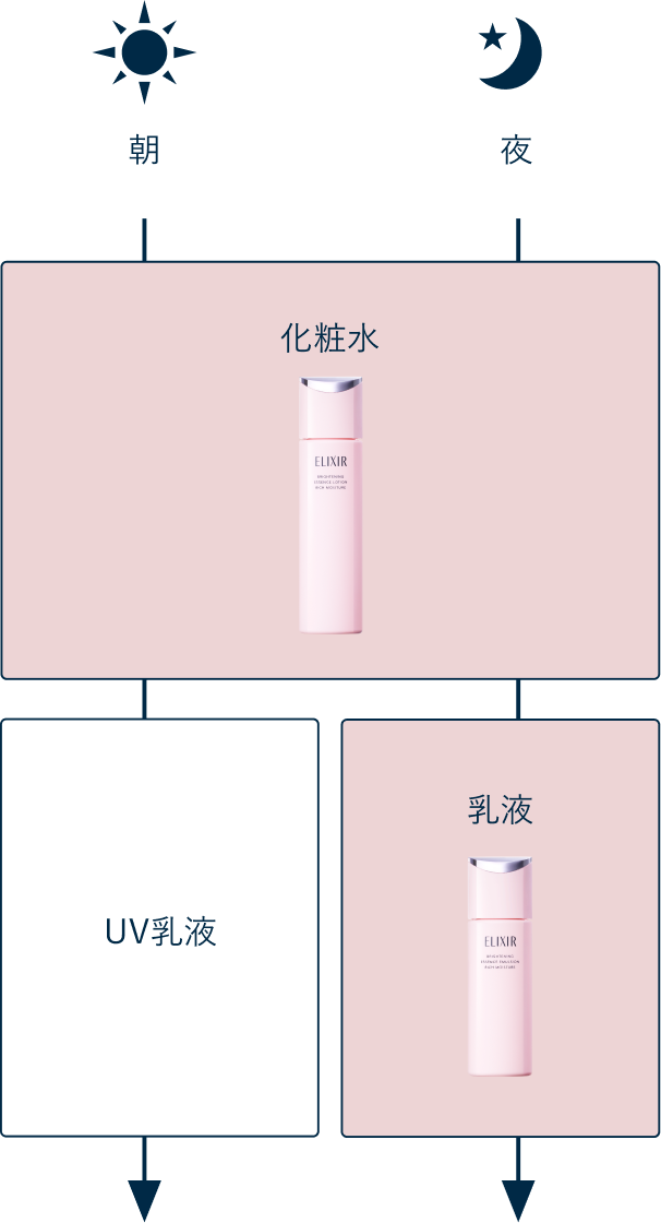 朝：化粧水→UV乳液、夜：化粧水→乳液