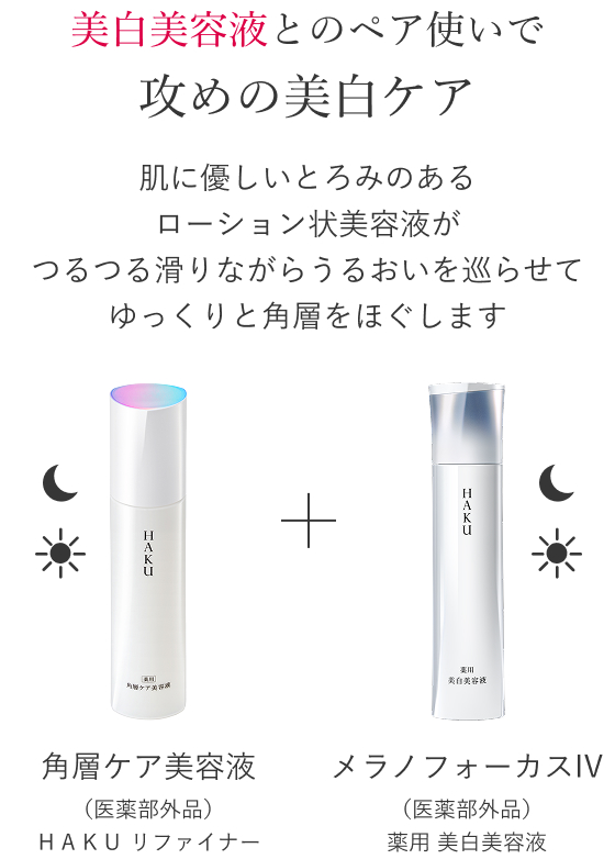 美白美容液とのペア使いで攻めの美白ケア 肌に優しいとろみのあるローション状美容液がつるつる滑りながらうるおいを巡らせてゆっくりと角層をほぐします 角層ケア美容液 （医薬部外品）ＨＡＫＵ リファイナー メラノフォーカスIV （医薬部外品） 薬用 美白美容液
