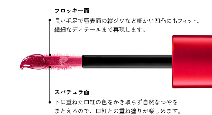 フロッキー面 長い毛足で唇表面の縦ジワなど細かい凹凸にもフィット。繊細なディテールまで再現します。　スパチュラ面 下に重ねた口紅の色をかき取らず自然なつやをまとえるので、口紅との重ね塗りが楽しめます。