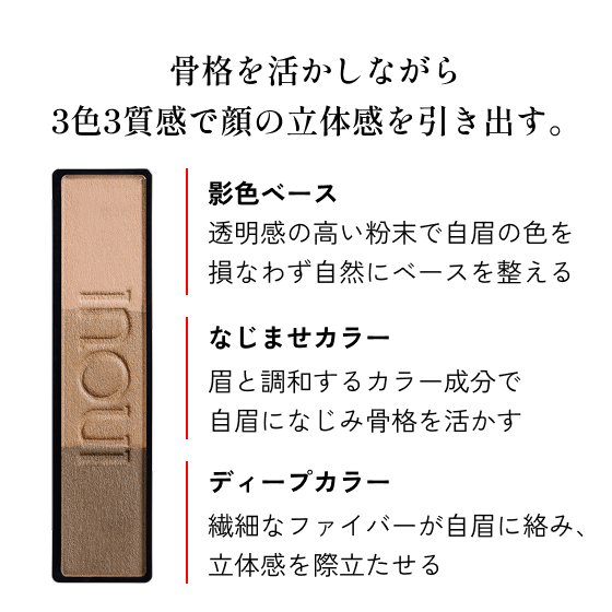 骨格を活かしながら3色3質感で顔の立体感を引き出す。影色ベース：透明感の高い粉末で自眉の色を損なわず自然にベースを整える。なじませカラー：眉と調和するカラー成分で自眉になじみ骨格を活かす。ディープカラー：繊細なファイバーが自眉に絡み、立体感を際立たせる。