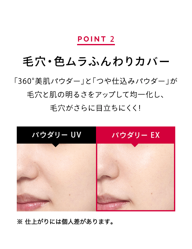 POINT 2 「360°美肌パウダー」と「つや仕込みパウダー」が毛穴と肌の明るさをアップして均一化し、毛穴がさらに目立ちにくく！ パウダリー UV パウダリー EX ※ 仕上がりには個人差があります。
