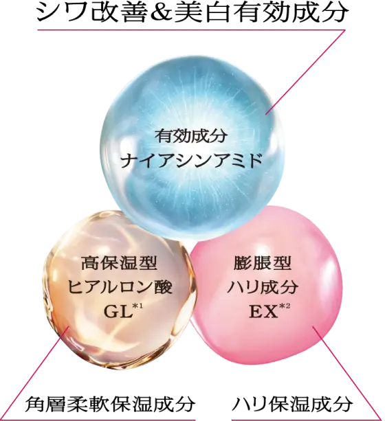 シワ改善＆美白有効成分：ナイアシンアミド・角層柔軟保湿成分：高保湿型ヒアルロン酸GL*1・ハリ保湿成分：膨張型ハリ成分EX*2
