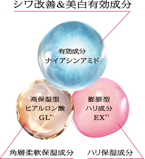 シワ改善＆美白有効成分：ナイアシンアミド、角層柔軟保湿成分：高保湿型ヒアルロン酸GL*1、ハリ保湿成分：膨張型ハリ成分EX*2