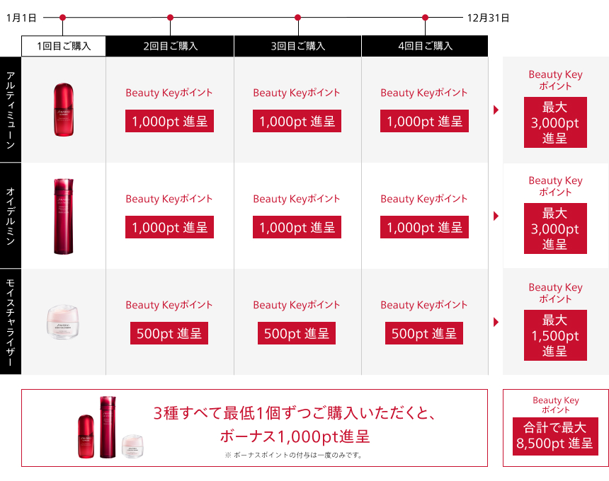 1月1日から12月31日までに、2本目ご購入、3本目ご購入、4本目ご購入ごとに1,000ポイント進呈