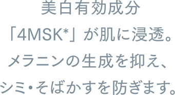 美白有効成分 「4MSK*」 が肌に浸透。メラニンの生成を抑え、シミ・そばかすを防ぎます。
